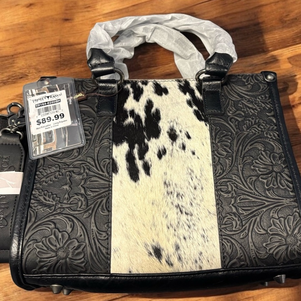 Trinity Ranch Tooled Leather Hair on Cowhide Carry Concealed Tote